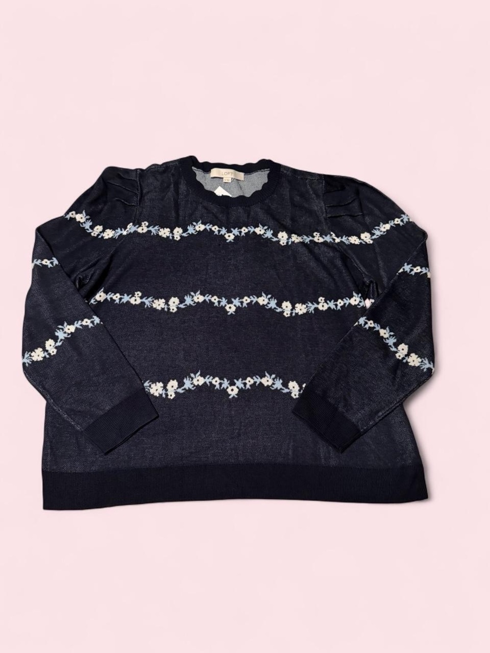 LOFT Navy Crewneck Sweater with White & Light Blue Floral Stripes - NWT